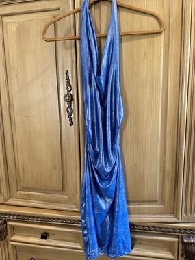 Shimmering Metallic Blue Cowl Neck Dress